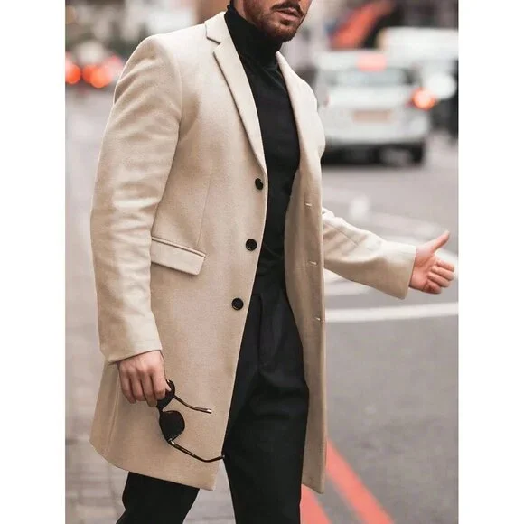 MENS classic mid length peacoat pea coat minimalist preppy triple button tan - Picture 1 of 1